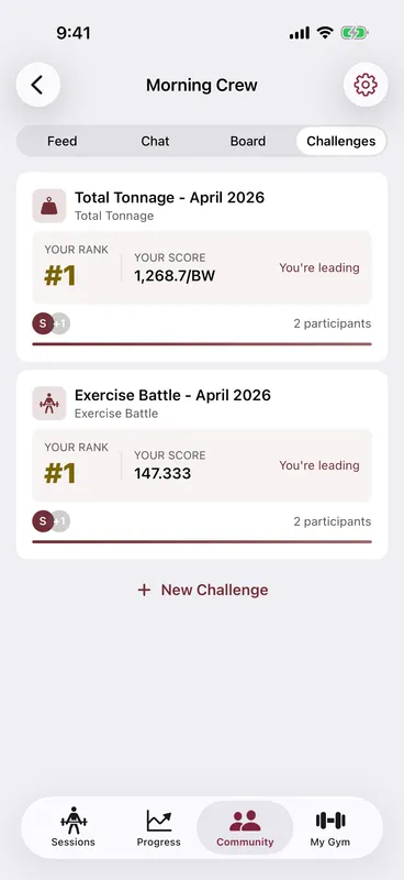 Callus squad challenges screen with active challenges