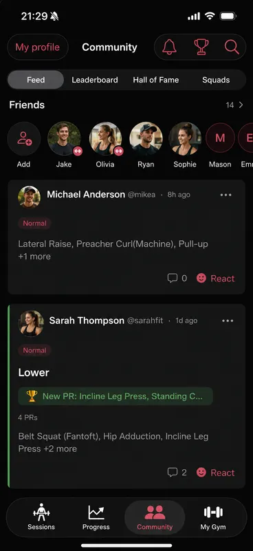 Callus community feed — friends' recent workouts with PR badges, comments and reactions