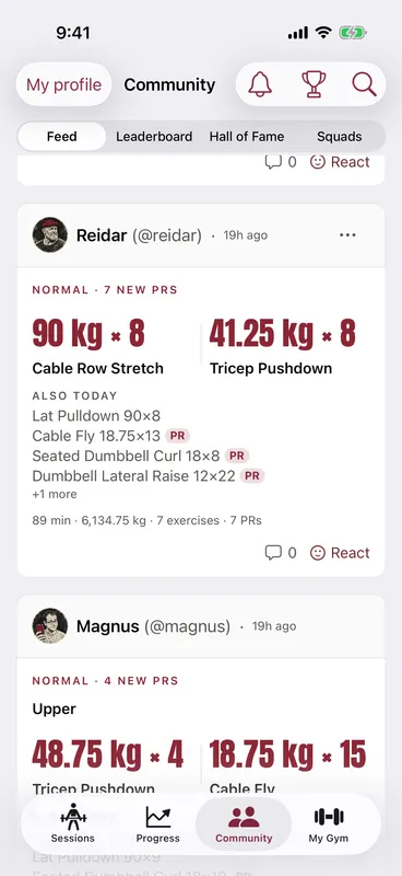 Callus community feed — friends' recent workouts with PR badges, comments and reactions