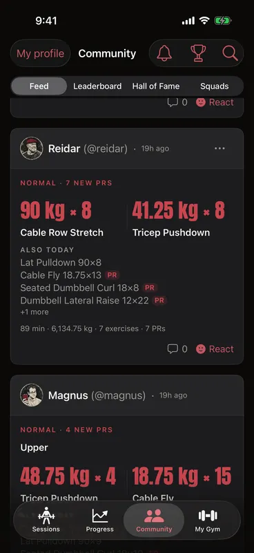 Callus community feed — friends' recent workouts with PR badges, comments and reactions