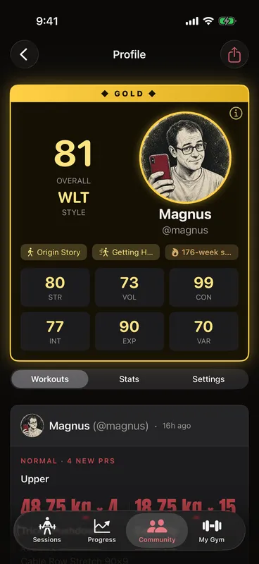 Callus lifter card at Elite tier: overall score 87, training style WLT, and six stats rated 0 to 99 — strength 89, volume 66, consistency 93, intensity 81, experience 98, variety 90 — with Consistency King and Iron Mindset badges and a 64-week streak