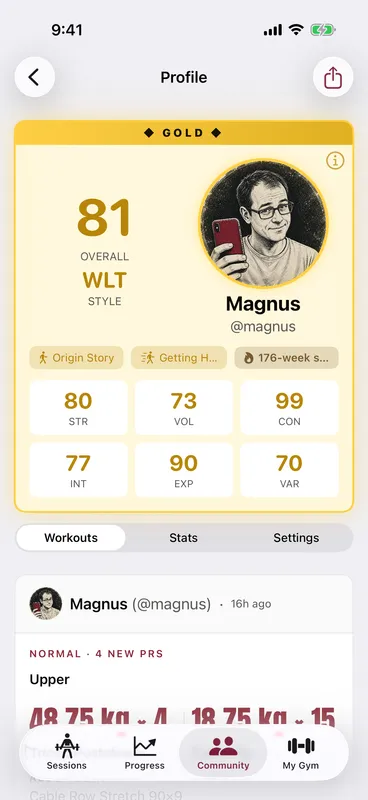 Callus lifter card at Elite tier: overall score 87, training style WLT, and six stats rated 0 to 99 — strength 89, volume 66, consistency 93, intensity 81, experience 98, variety 90 — with Consistency King and Iron Mindset badges and a 64-week streak
