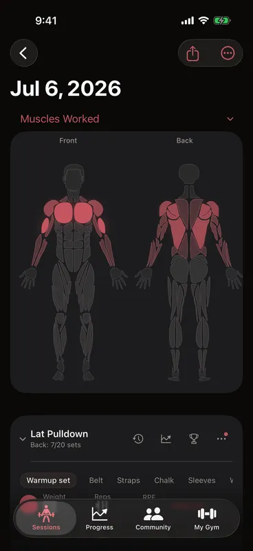Callus Muscles Worked view for a session — front and back anatomy with the trained chest, back and arms highlighted, and each exercise’s per-muscle set count below