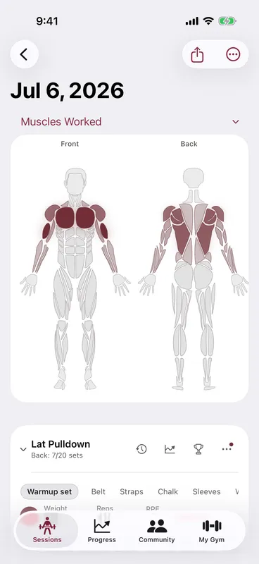 Callus Muscles Worked view for a session — front and back anatomy with the trained chest, back and arms highlighted, and each exercise’s per-muscle set count below