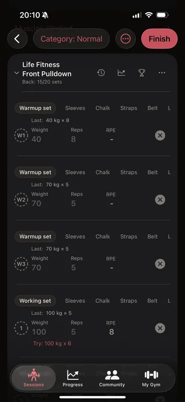 Callus workout prefilled from your last session — warmup placeholders reading Last: 40 kg by 8 and 70 kg by 5, and a working set with a Try: 100 kg by 6 suggestion