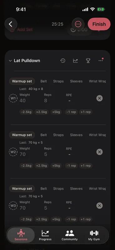 Callus workout prefilled from your last session — warmup placeholders reading Last: 40 kg by 8 and 70 kg by 5, and a working set with a Try: 100 kg by 6 suggestion