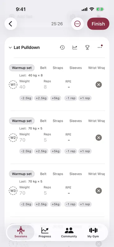 Callus workout prefilled from your last session — warmup placeholders reading Last: 40 kg by 8 and 70 kg by 5, and a working set with a Try: 100 kg by 6 suggestion