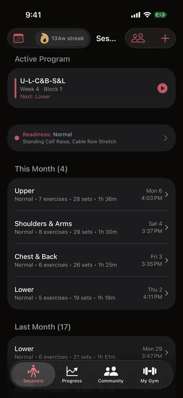 Callus Sessions tab showing an Active Program card