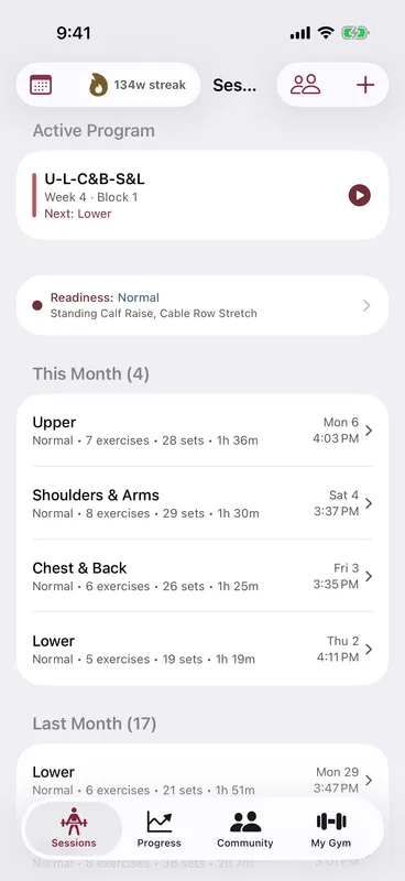Callus Sessions tab showing an Active Program card