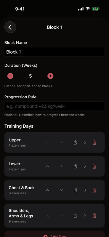 Callus block editor showing Training Days