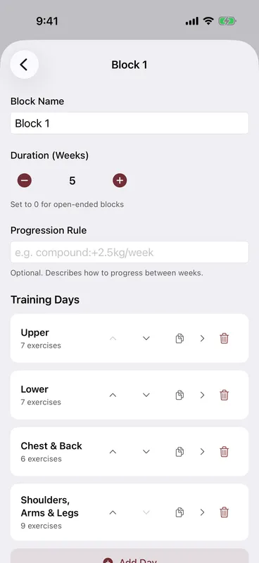 Callus block editor showing Training Days
