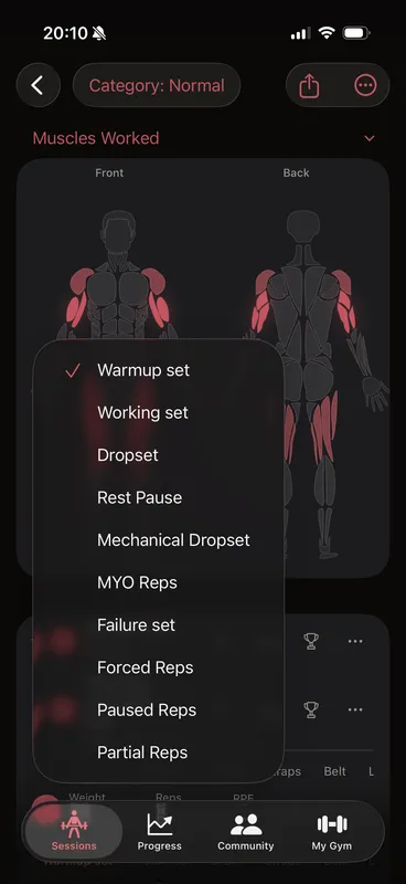 Callus set-type picker open over a workout, listing all ten set types — warmup, working, dropset, rest-pause, mechanical dropset, myo reps, failure, forced reps, paused reps and partial reps