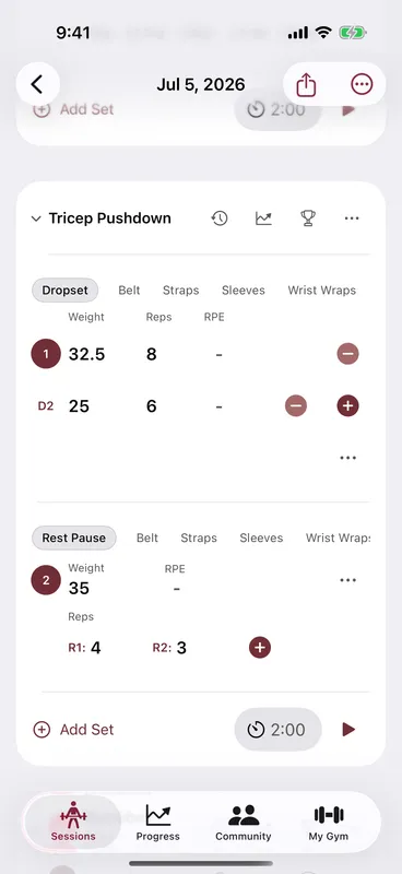 Callus workout showing a dropset with a second drop D2 and a rest-pause set with cluster reps R1 and R2, each with its own weight and reps