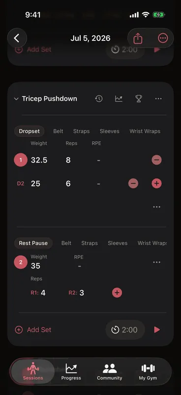 Callus workout showing a dropset with a second drop D2 and a rest-pause set with cluster reps R1 and R2, each with its own weight and reps