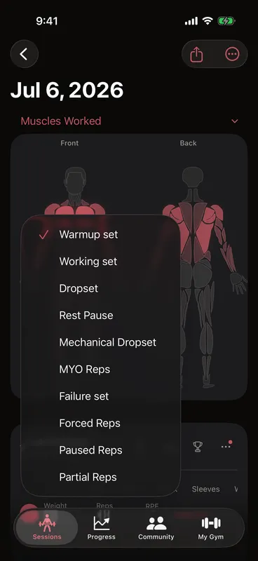 Callus set-type picker open over a session, listing all twelve set types — warmup, working, dropset, rest-pause, mechanical dropset, myo reps, failure, forced reps, paused reps, partial reps, 1RM attempt and back-off