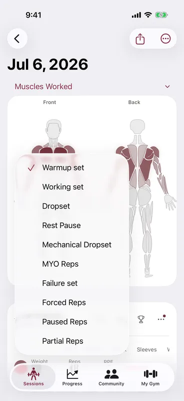 Callus set-type picker open over a session, listing all twelve set types — warmup, working, dropset, rest-pause, mechanical dropset, myo reps, failure, forced reps, paused reps, partial reps, 1RM attempt and back-off