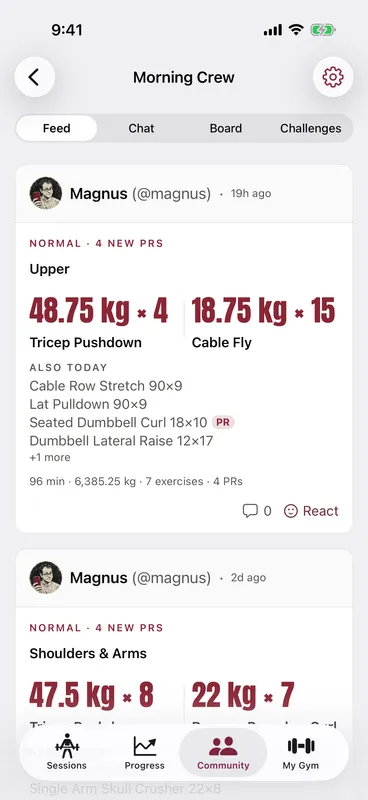 Callus squad feed for Morning Crew — a member's workout post flagged with 4 new PRs, big lift numbers and reactions, with Feed, Chat, Board and Challenges tabs