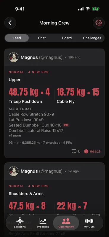 Callus squad feed for Morning Crew — a member's workout post flagged with 4 new PRs, big lift numbers and reactions, with Feed, Chat, Board and Challenges tabs