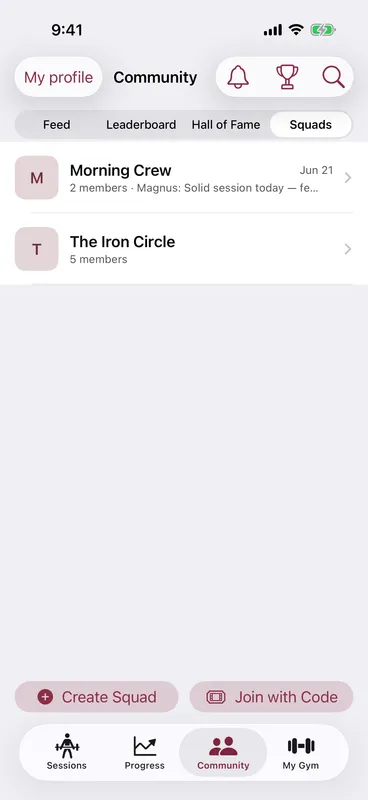 Callus Squads tab listing the lifter’s squads — Morning Crew and The Iron Circle — with member counts, plus Create Squad and Join with Code actions
