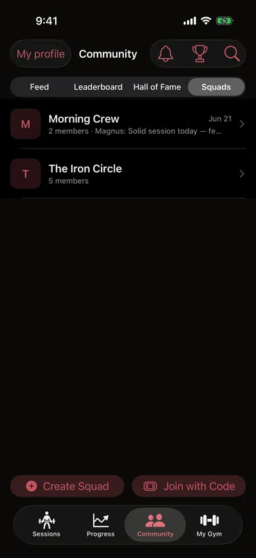 Callus Squads tab listing the lifter’s squads — Morning Crew and The Iron Circle — with member counts, plus Create Squad and Join with Code actions