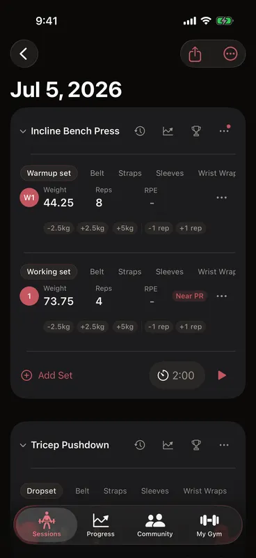 Callus workout screen with Near PR badges next to two working sets at 110 kilograms