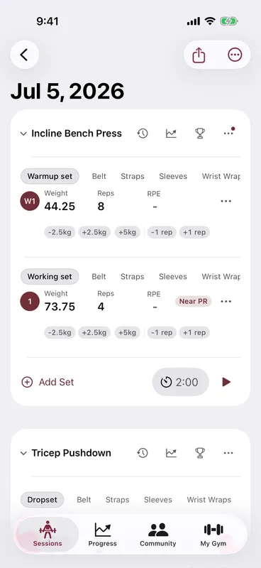Callus workout screen with Near PR badges next to two working sets at 110 kilograms